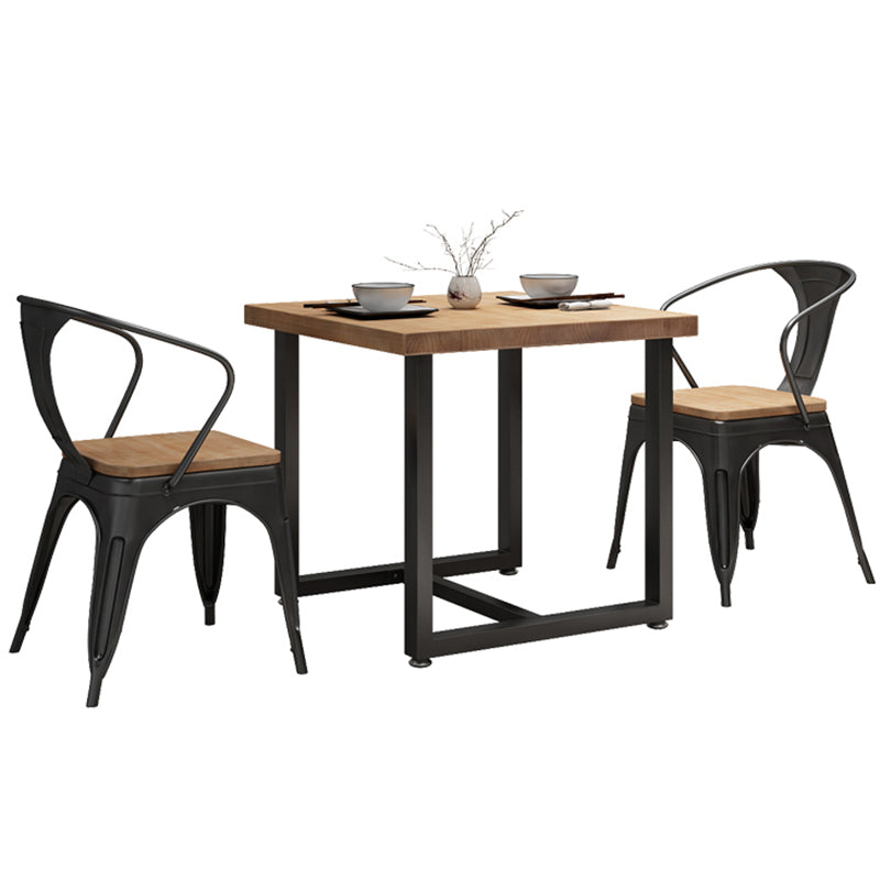 Industrial Solid Wood Dining Table Square Table in Brown with Metal Trestle Base