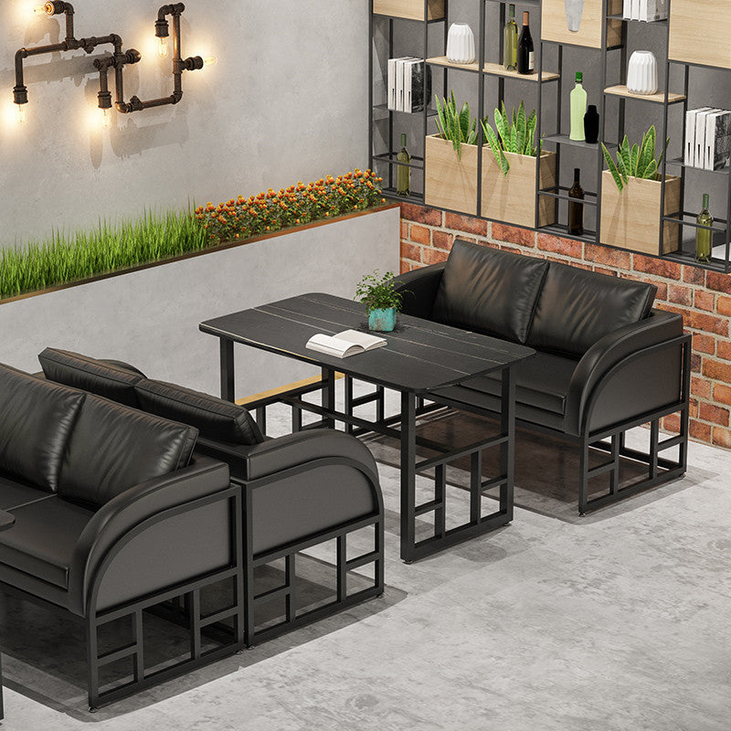 Mesa de comedor industrial Mesa de piedra sinterizada negra con base de caballete negra