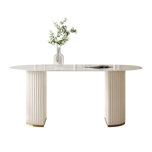Glam Eettafel van gesinterd steen Ovale keukeneettafel met dubbele voetstukonderstellen