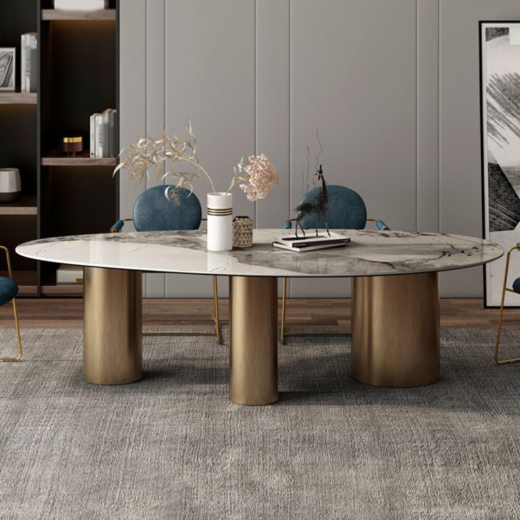 Traditional Luxury Oval Dining Room Table White Sintered Stone Table with 3 Gold Legs