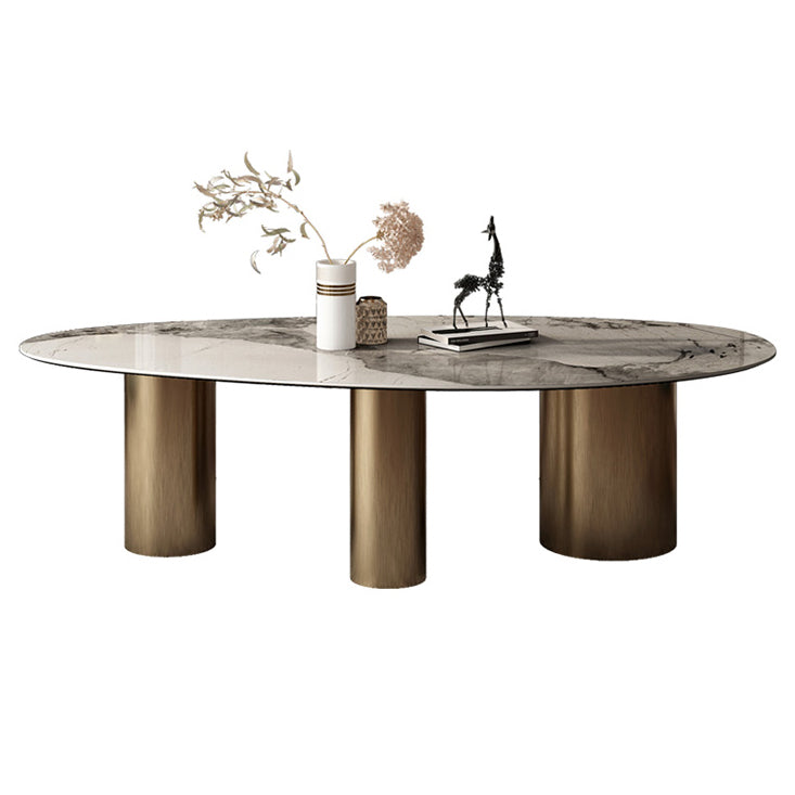 Traditional Luxury Oval Dining Room Table White Sintered Stone Table with 3 Gold Legs