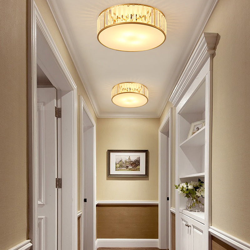 Apparecchio da soffitto in rame dorato in stile coloniale di lusso con montaggio ad incasso circolare in cristallo per camera da letto