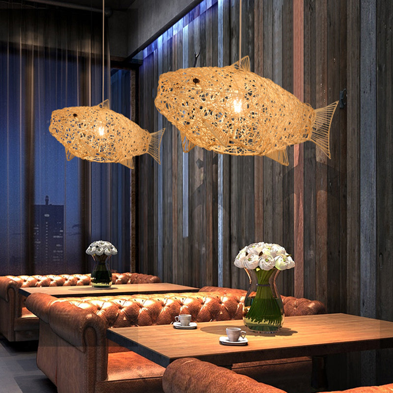 Asian Pendant Lighting Fixture 1-Light Beige Hanging Lamp Kit with Rattan Shade