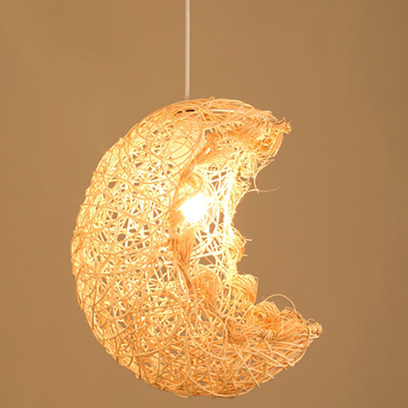 Asian Pendant Lighting Fixture 1-Light Beige Hanging Lamp Kit with Rattan Shade