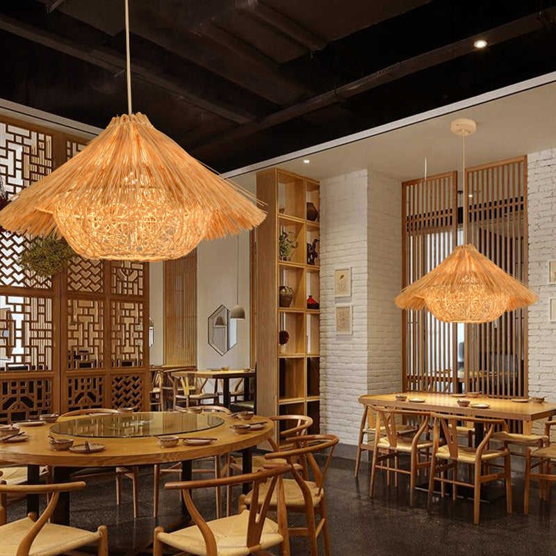 Asian Pendant Lighting Fixture 1-Light Beige Hanging Lamp Kit with Rattan Shade