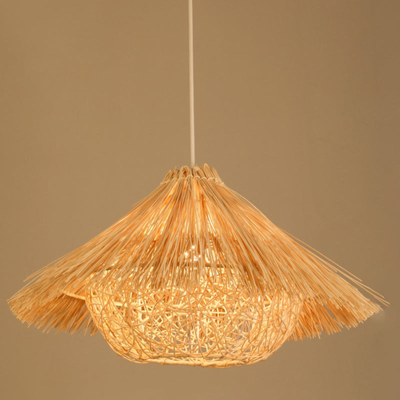 Asian Pendant Lighting Fixture 1-Light Beige Hanging Lamp Kit with Rattan Shade