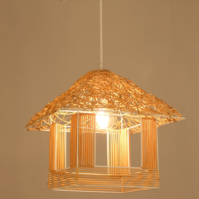 Asian Pendant Lighting Fixture 1-Light Beige Hanging Lamp Kit with Rattan Shade