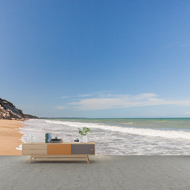 Blue Beach Landscape Wall Mural Mildew Resistant Wallpaper for Dining Room