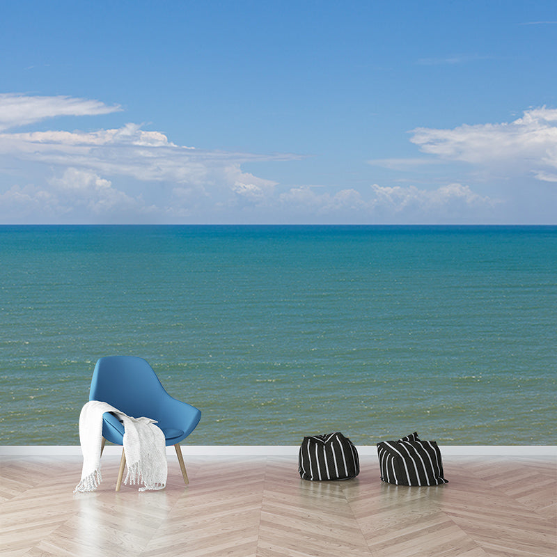 Blue Beach Landscape Wall Mural Mildew Resistant Wallpaper for Dining Room