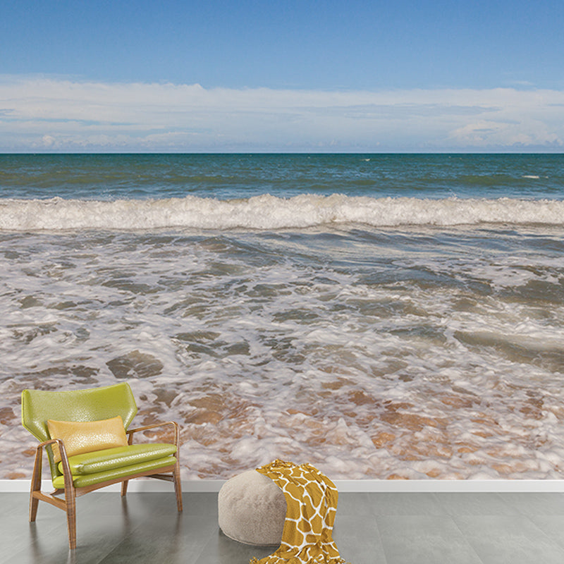 Blue Beach Landscape Wall Mural Mildew Resistant Wallpaper for Dining Room