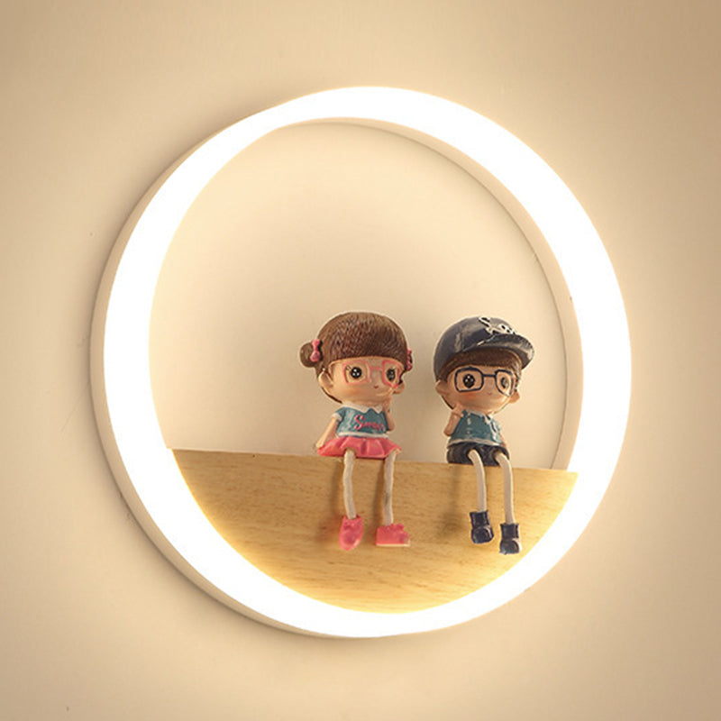 Circular Acrylic LED Wall Sconce Lighting Nordic Wooden Shelf Wall Lamp for Bedroom