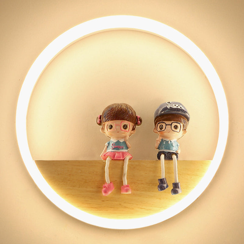 Circular Acrylic LED Wall Sconce Lighting Nordic Wooden Shelf Wall Lamp for Bedroom