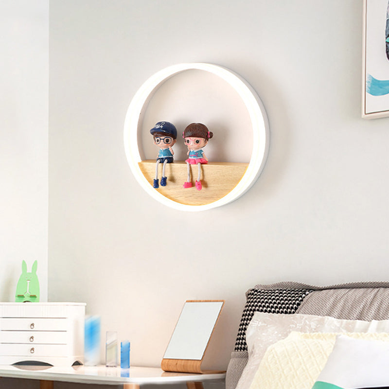 Circular Acrylic LED Wall Sconce Lighting Nordic Wooden Shelf Wall Lamp for Bedroom
