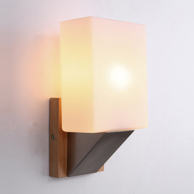 1 Light Wall Sconce Lamp Creative Modern Wood Glass Shade Wall Light for Stairs