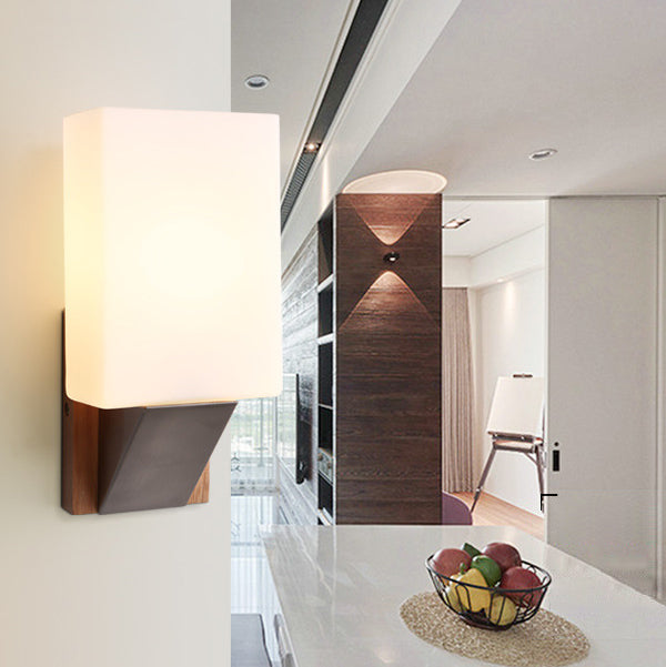 1 Light Wall Sconce Lamp Creative Modern Wood Glass Shade Wall Light for Stairs
