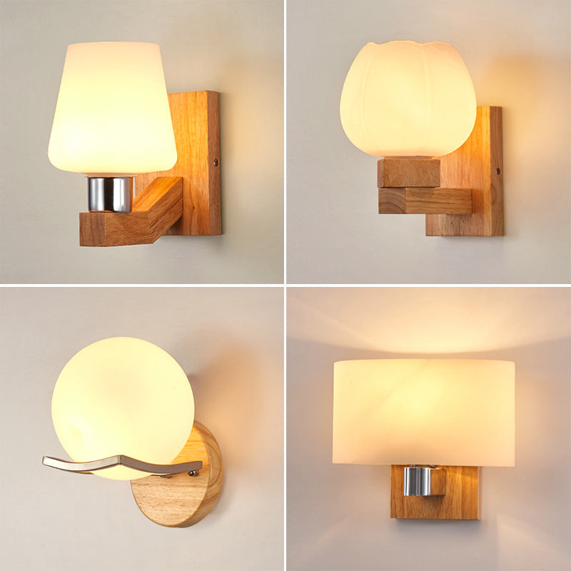Modern Simple Glass Wall Sconce Wooden 1-Light Wall Light for Bedroom and Aisle