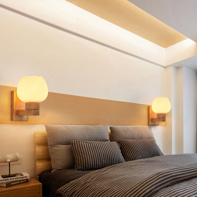 Modern Simple Glass Wall Sconce Wooden 1-Light Wall Light for Bedroom and Aisle