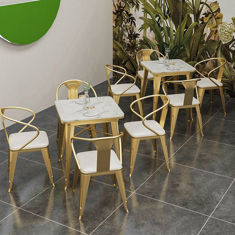 Industrial Dining Table White Sintered Stone Table with Gold Sled Base for Dining Room