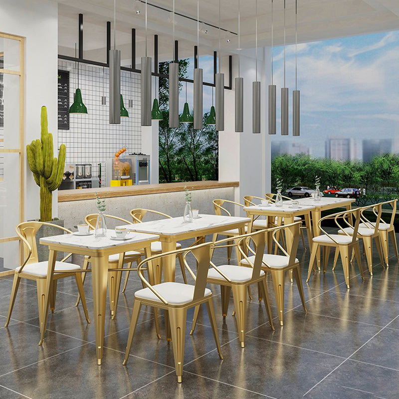 Industrial Dining Table White Sintered Stone Table with Gold Sled Base for Dining Room