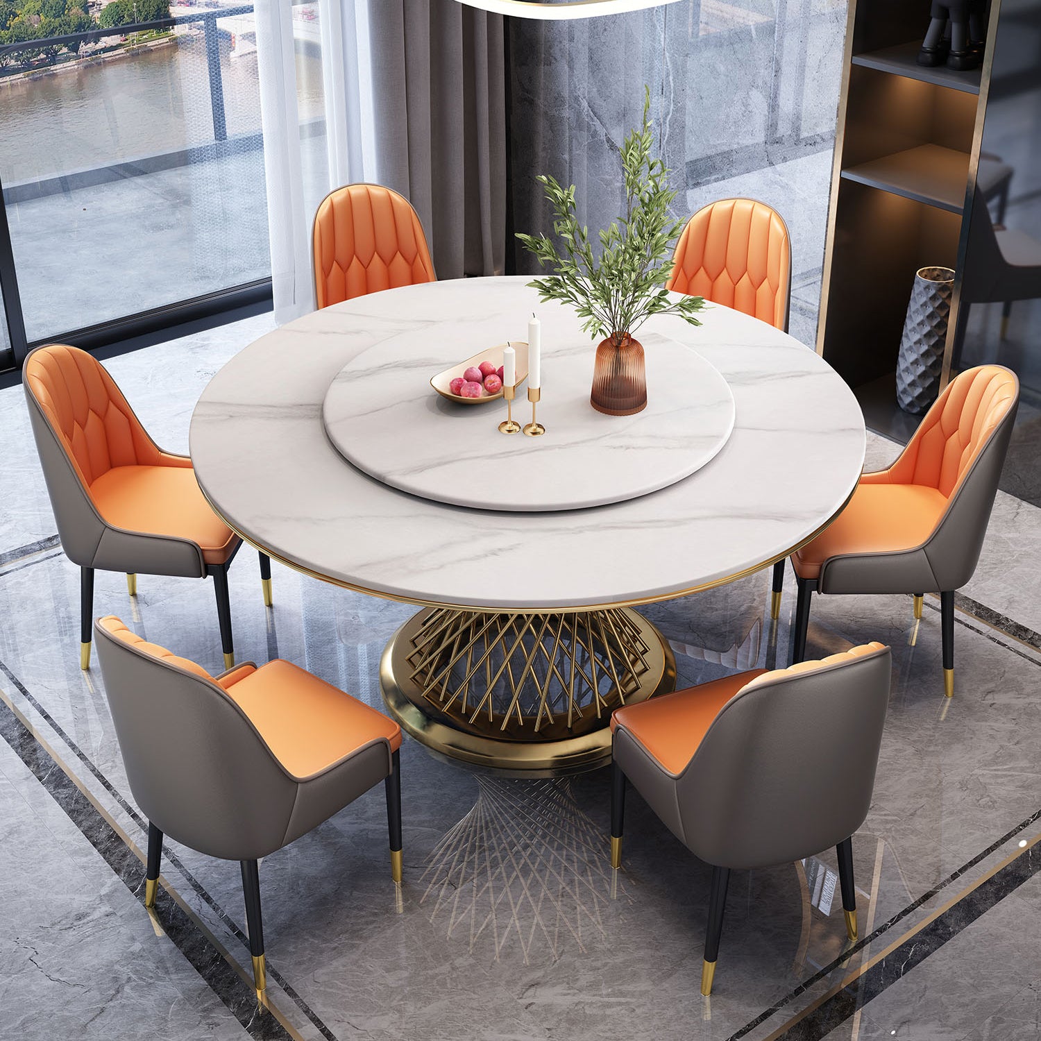 Metal Traditional Luxury Round Indoor Table Sintered Stone Table with Pedestal