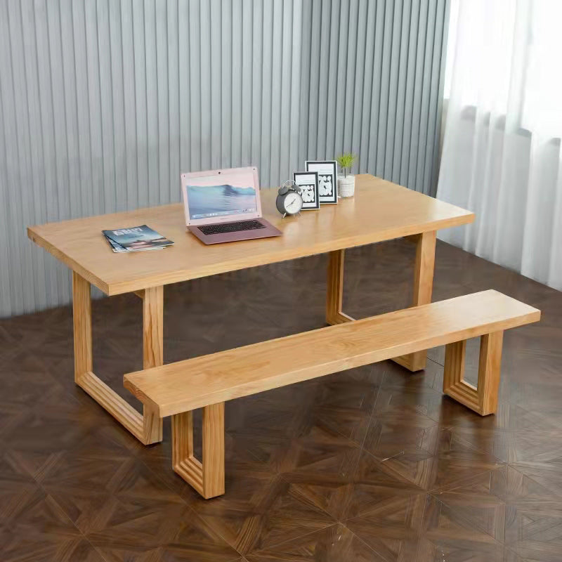 Rechthoek houten tafel in de natuur moderne dennenafel met dubbele voetstuk