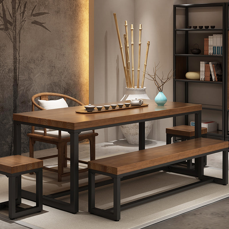 Industrial Brown Dining Table Rectangle Shape Solid Wood Dining Table with Double Pedestal Bases