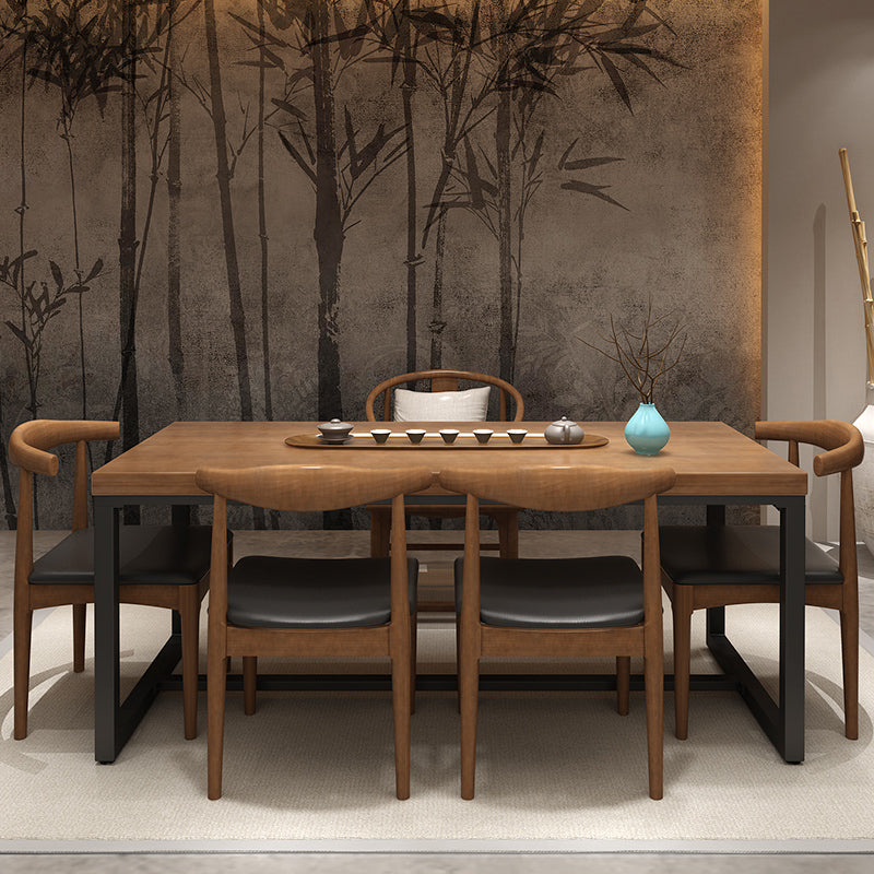 Industrial Brown Dining Table Rectangle Shape Solid Wood Dining Table with Double Pedestal Bases