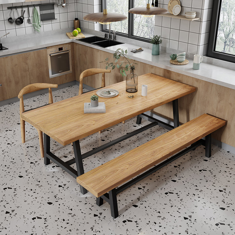 Industrial Solid Wood Rectangle Dining Khaki Standard Dining Table with Trestle Base