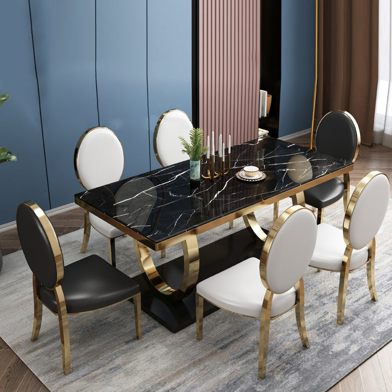 Traditional Luxury Marble Dining Table Rectangle Table with Metal Pedestal