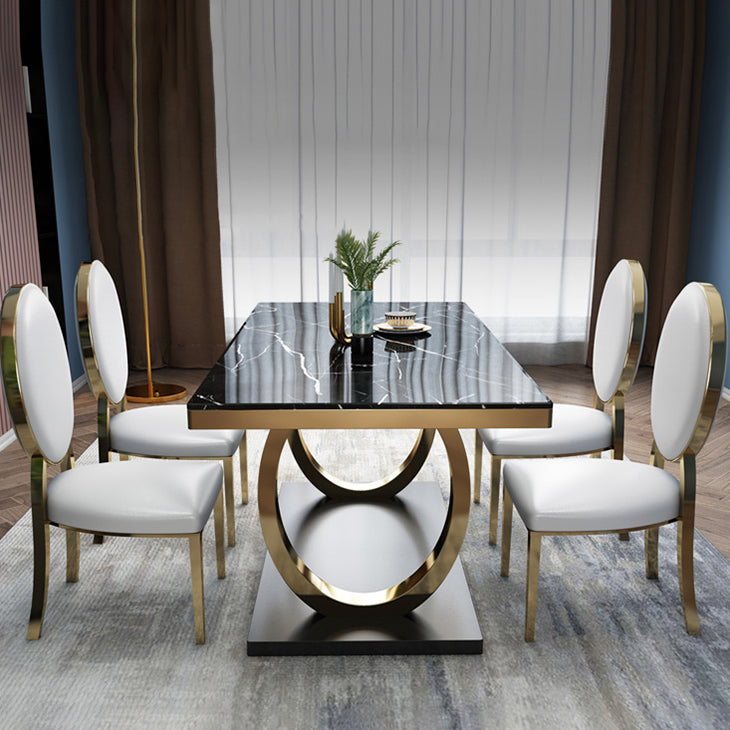 Traditional Luxury Marble Dining Table Rectangle Table with Metal Pedestal