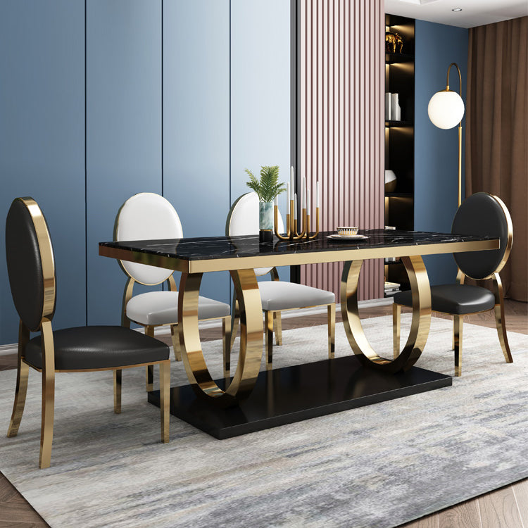 Traditional Luxury Marble Dining Table Rectangle Table with Metal Pedestal