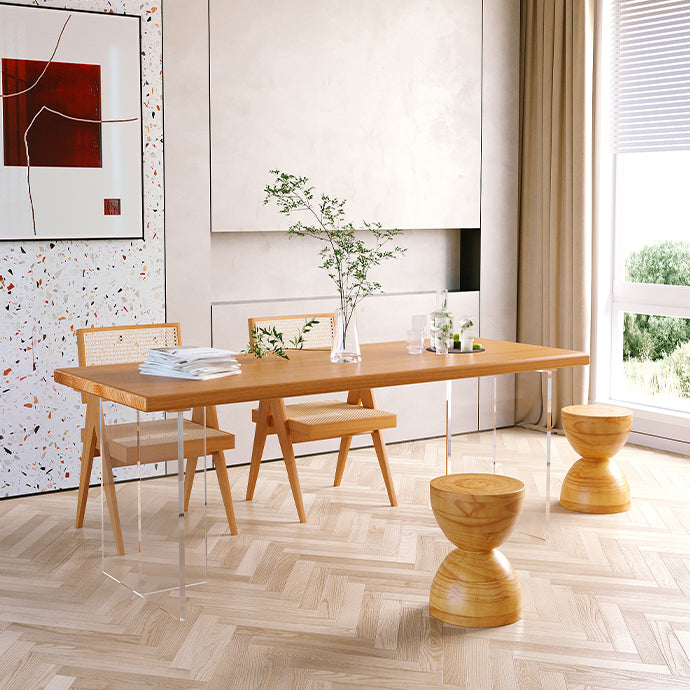 Minimalist Khaki Solid Wood Dining Table Rectangle Shape Dining Table with Double Pedestal Bases