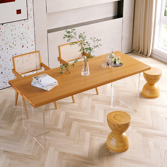 Minimalist Khaki Solid Wood Dining Table Rectangle Shape Dining Table with Double Pedestal Bases