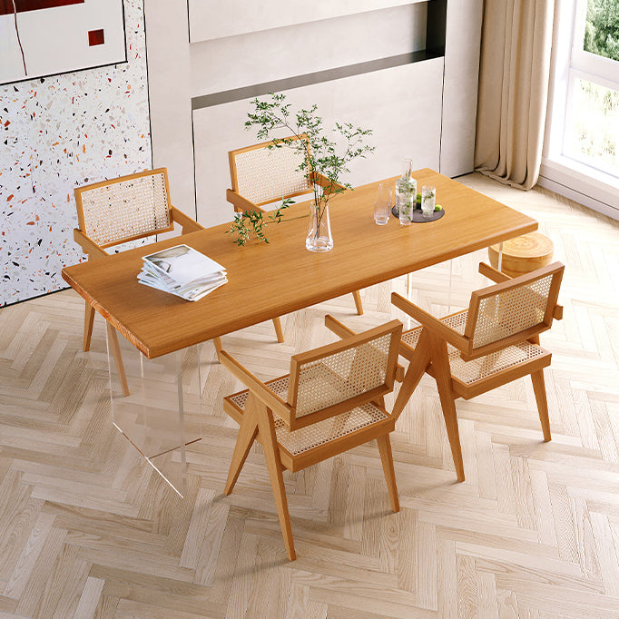 Minimalist Khaki Solid Wood Dining Table Rectangle Shape Dining Table with Double Pedestal Bases