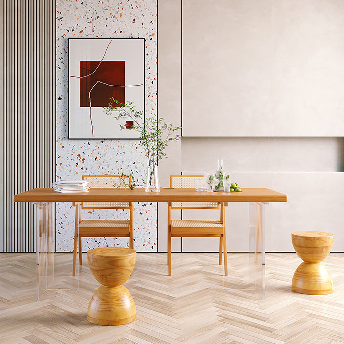 Minimalist Khaki Solid Wood Dining Table Rectangle Shape Dining Table with Double Pedestal Bases