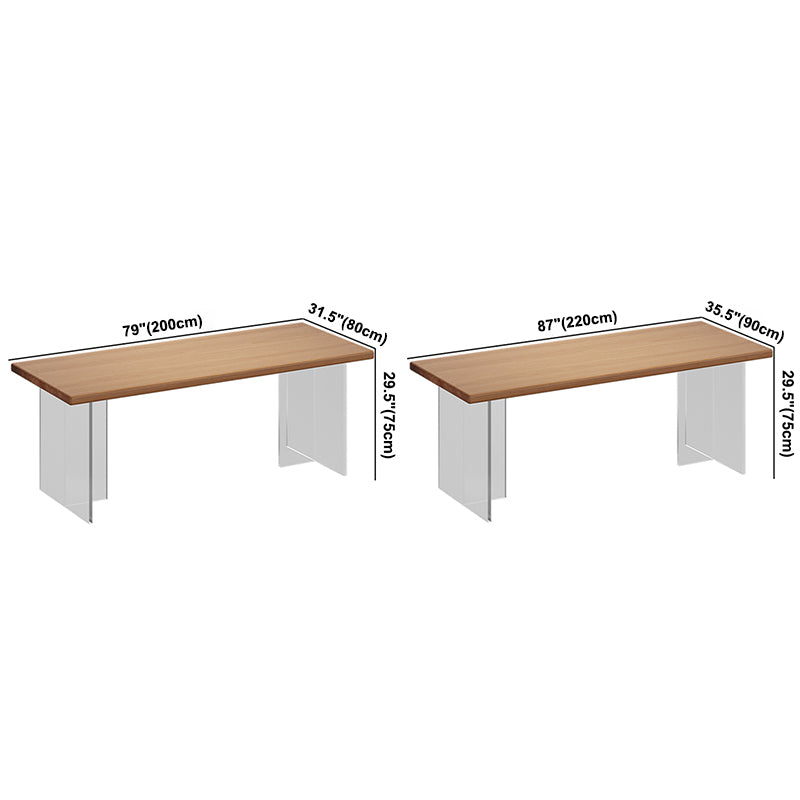 Minimalist Khaki Solid Wood Dining Table Rectangle Shape Dining Table with Double Pedestal Bases