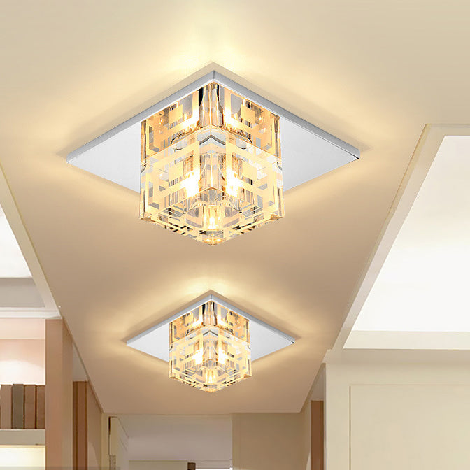 Modern Style Square Shaped Ceiling Fixture Crystal Flush Mount with Hole 2-3.5'' Dia