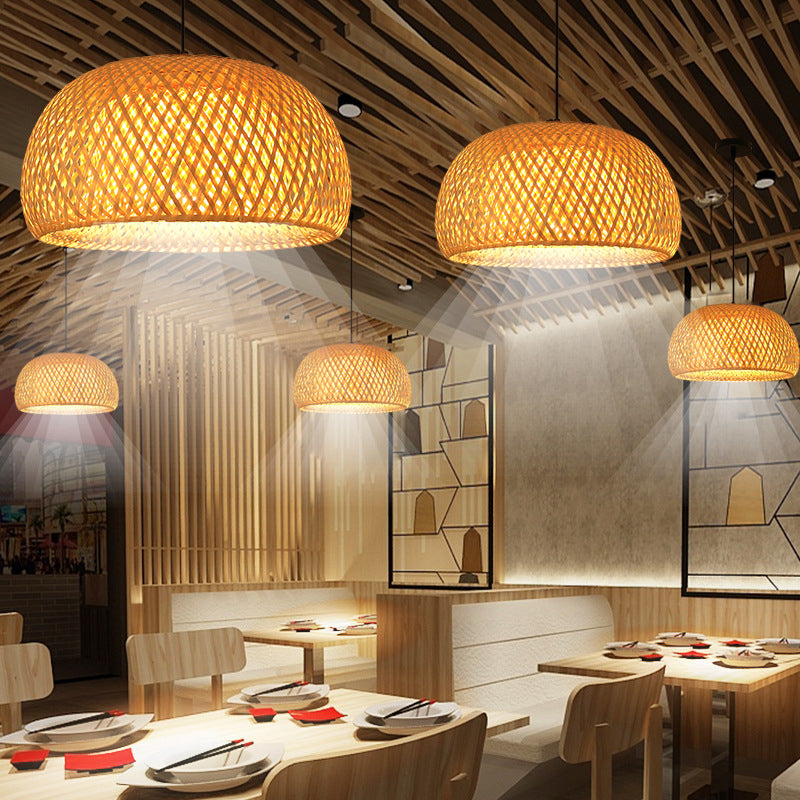 Brauner Drum Anhänger Licht im asiatischen kreativen Stil schmiedeeisere Hanglampe mit Bambuswebschatten