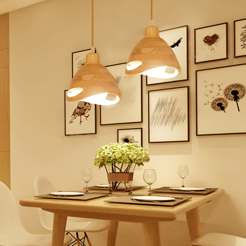 Bedroom Contemporary Hanging Light Creative Wood Shade Pendant Lamp in Beige