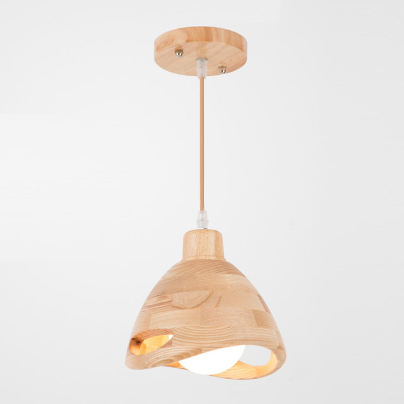 Bedroom Contemporary Hanging Light Creative Wood Shade Pendant Lamp in Beige