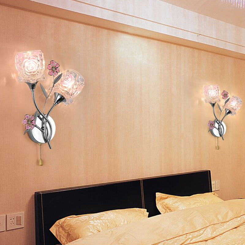 Modern Flower Flush Mount Wall Sconce 2-Light Bedroom Wall Sconce Lights with Grass Shade