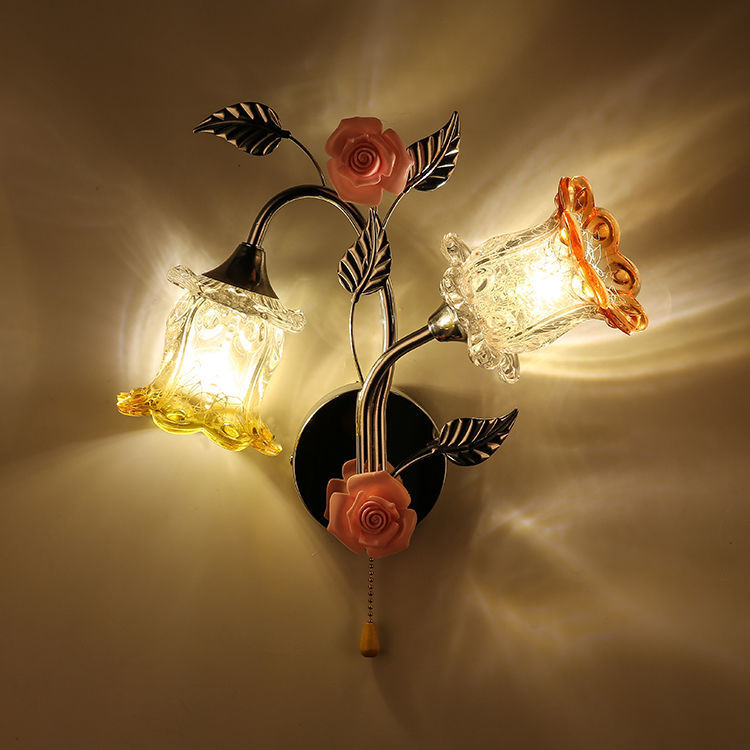 Modern Flower Flush Mount Wall Sconce 2-Light Bedroom Wall Sconce Lights with Grass Shade