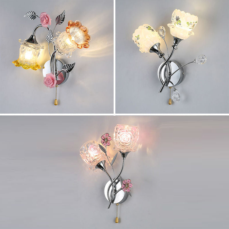 Modern Flower Flush Mount Wall Sconce 2-Light Bedroom Wall Sconce Lights with Grass Shade
