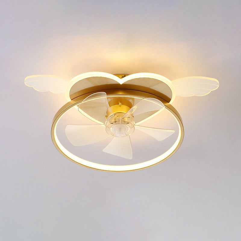 Cartoon Love Heart LED Fan Light Acrylic Bedroom Semi Flush Mount Ceiling Fixture with Metal Ring