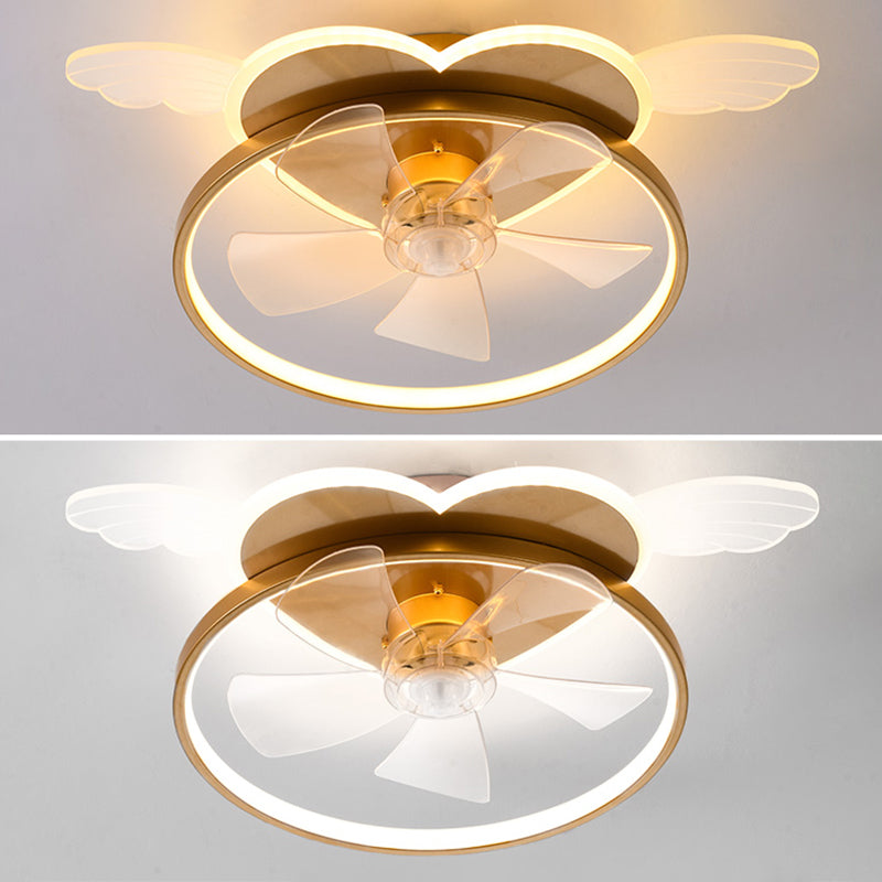 Cartoon Love Heart LED Fan Light Acrylic Bedroom Semi Flush Mount Ceiling Fixture with Metal Ring