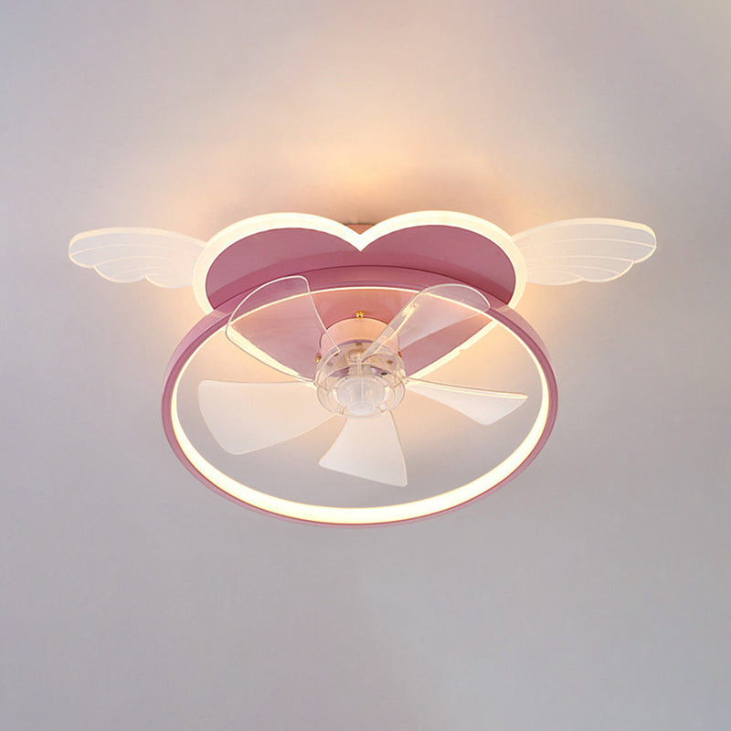 Cartoon Love Heart LED Fan Light Acrylic Bedroom Semi Flush Mount Ceiling Fixture with Metal Ring