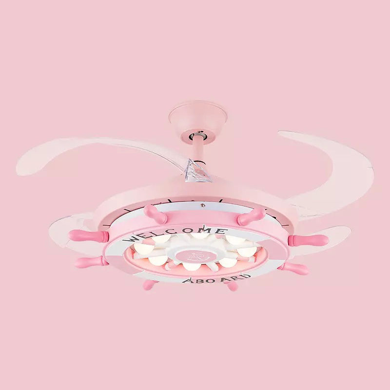 42" Cartoon Rudder Ceiling Fan Lamp Metallic Child Room LED Semi Flush Light