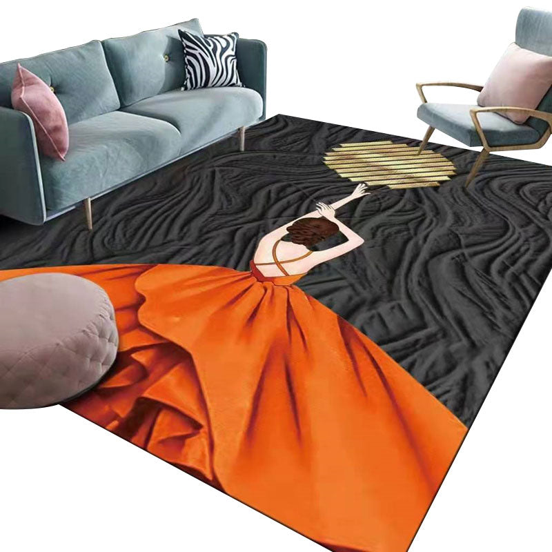 Orange Modern Rug Polyester Girl Rug Non-Slip Backing Rug for Living Room