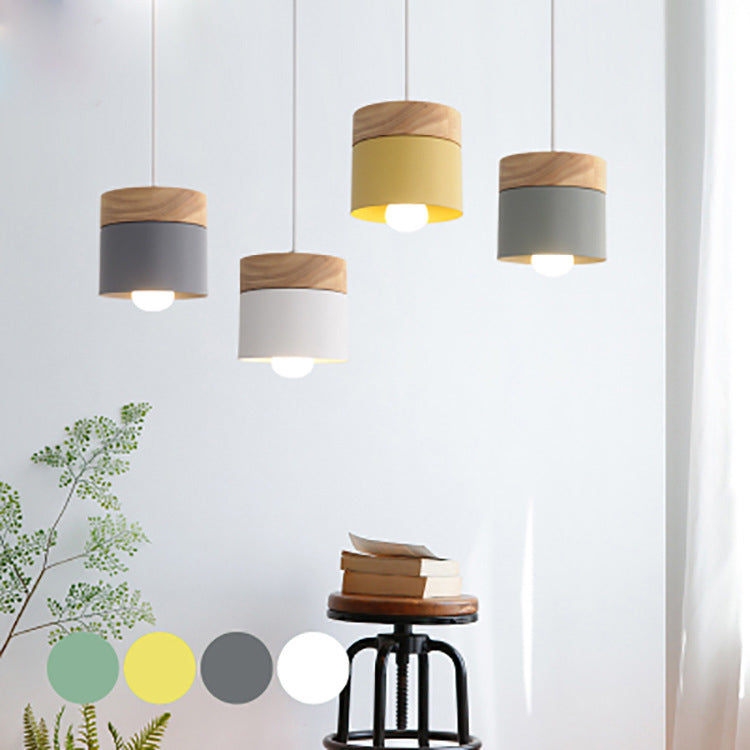 Wooden Cylindrical Hanging Lamp in Modern Creative Style Lacquered Iron Macaron Pendant Light
