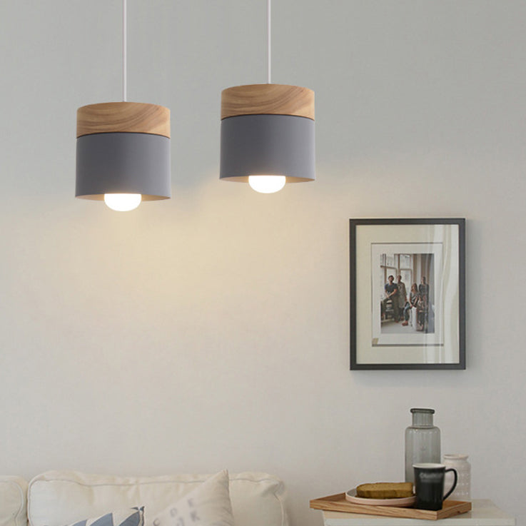 Wooden Cylindrical Hanging Lamp in Modern Creative Style Lacquered Iron Macaron Pendant Light